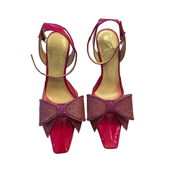 Nalebe Dimante PVC Pumps Bow Crystal Embellished Ankle Strap Square Top Pink 36 - Picture 7 of 16